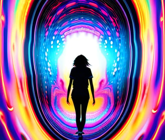 a woman walking into a tunnel with a rainbow light coming out of the tunnel