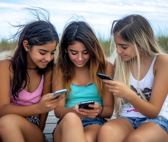 Fotografía de 3 adolescentes viendo su celular en la playa 