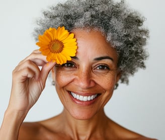 Mujer mayor con afro canoso colocando una flor amarilla en su frente 