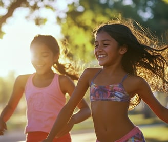 Fotografía de 2 niñas de 10 años corriendo en el parque 