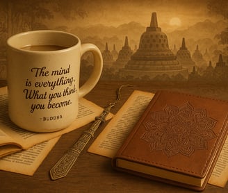Ceramic mug with Buddha quote, brass bookmark shaped like stupa