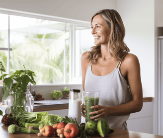 Woman blending fruit and vegetable juice