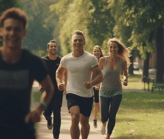 Group of men and women jogging at the park