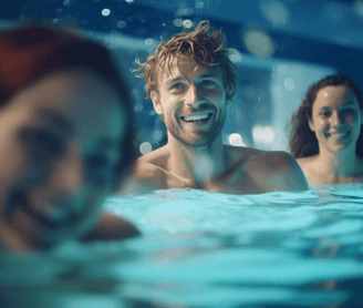 Group of men and women enjoying swimming at the public pool
