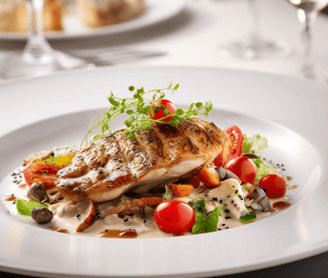 A beautifully presented dish with chicken and salad