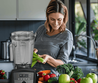 a woman is smiling while she is preparing to make a smoothie