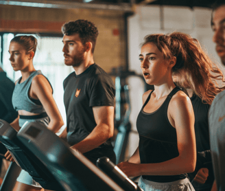 a group of people on a treadmill