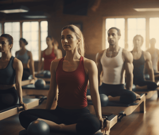 Group of men and women doing pilates