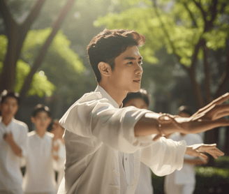 Group of men and women practicing TaiChi