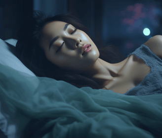 a woman laying in bed with her eyes closed