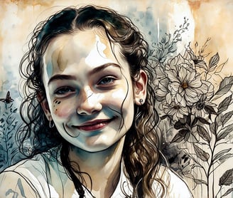 Portrait photo transformed into a girl with a flowered hair and a white shirt