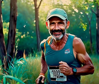 A comic painting of a man running on the forest