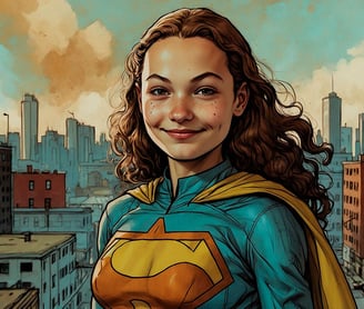 Portrait photo transformed into a girl in a superman suit with a superman costume