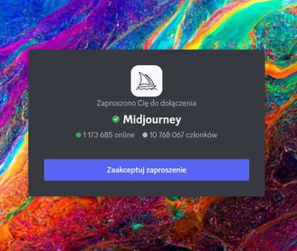 Strona startowa zaproszenia do midjourney poprzez serwer Discord