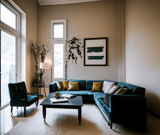 a living room with a couch and a table