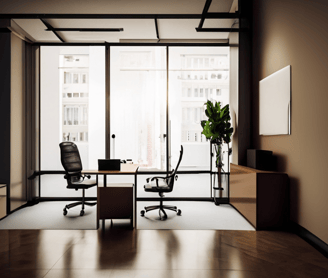 a desk with a chair and a desk with a plant in the background