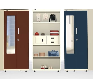 a metal wardrobe with a door open and side view of wardrobe