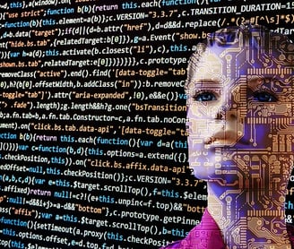 a woman with a computer keyboard and a computer monitor about Ai