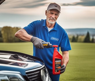 mechanic showing a container of oil