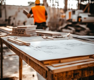 Plano arquitectónico sobre mesa de trabajo en obra de construcción en la Riviera Maya