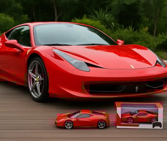 Ferrari rojo con un carro a RC pequeño a un lado
