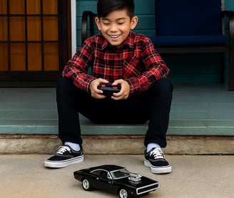 niño jugando con un carro Dodge a control remoto