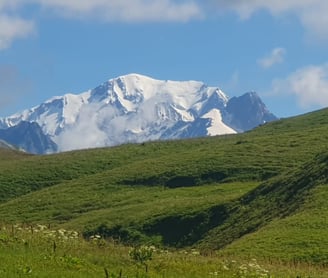 a mountain scene with a cow grazing in the grass