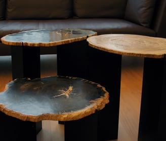 3 Petrified Wood Slices on metal bases as a coffee table