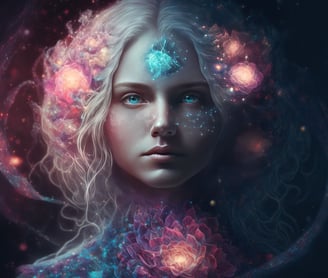 ethereal young woman seated in meditation, with a radiant starburst at the center of her mind 