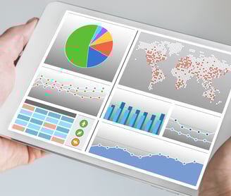 Tablet mostrando gráficas de inteligencia de negocios y análisis de marketing digital
