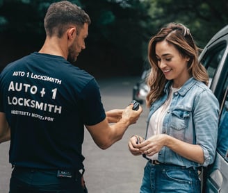 locksmith profession giving a remote key to lady in emergency locked her car