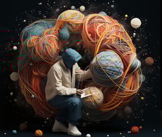 a man sitting on a ball of yarn