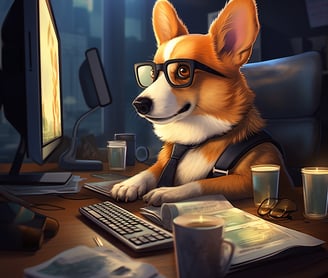 a corgi dog wearing glasses and a hat and glasses, typing at a computer