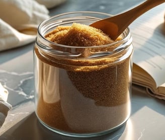 Dark brown sugar in jar with a wooden spoon