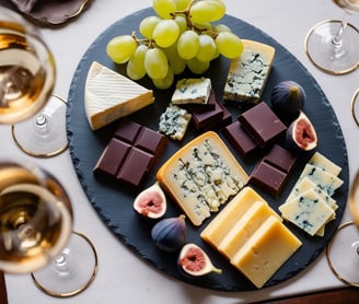 Slices of cheese with chocolate bars, figs, and green grapes.