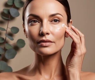 A woman applying peptides moisturizing skincare product on her face.