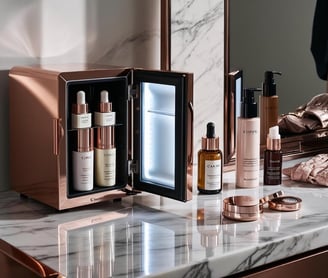A small fridge filled with various skincare products.