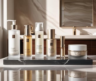 A set of skincare products, including toner, moisturizer, cleanser and eye cream.