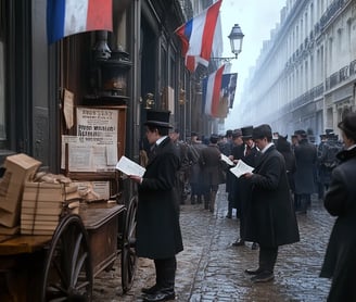 850s Paris, busy boulevard outside a telegraph office festooned with French tricolour flags