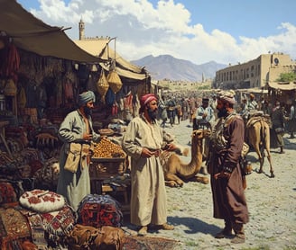tribal elders arguing in a bustling Afghan bazaar shortly after the Durand Line treaty