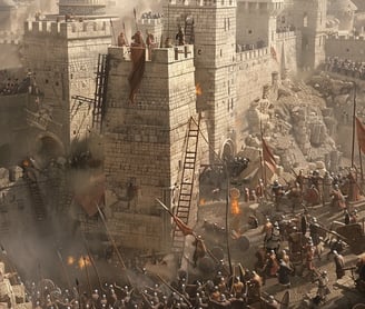 A ground-level view of the intense siege of Jerusalem in 1187. Muslim soldiers use ladders to scale