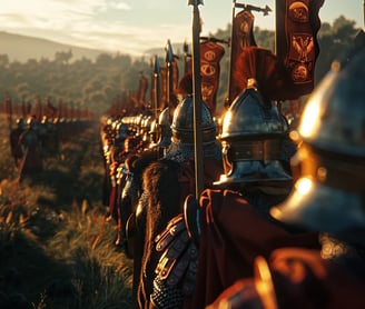 Roman and Gothic armies standing apart but observing the negotiations from a distance.