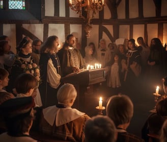 English townsfolk gathering in a modest church to read the Coverdale Bible for the first time