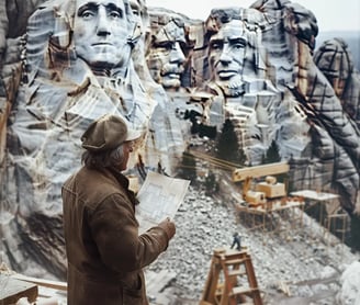 Gutzon Borglum standing with his blueprint in hand, overseeing the construction of Mount Rushmore