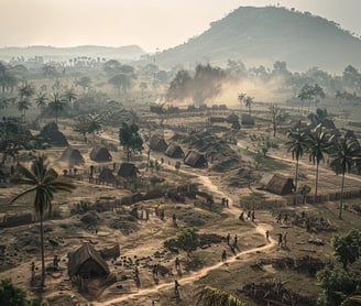 the aftermath of the battle. British soldiers secure the area while Ashanti warriors regroup in the