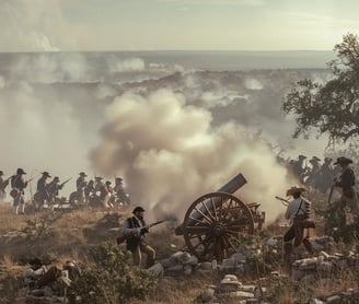 Smoke erupts from the cannon as settlers in rugged attire hold their positions