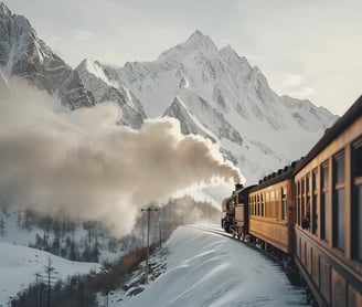 The Orient Express winding through the snowy peaks of the Alps