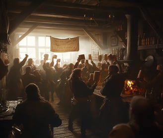 A Tavern Protest: Inside a smoky wooden tavern filled with heavy beams