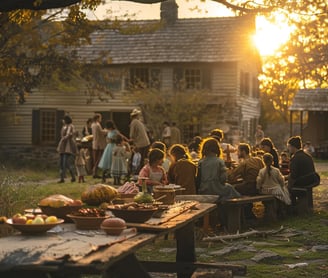 families gathered around a communal table outdoors to celebrate the first Thanksgiving