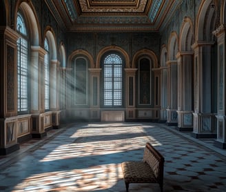 abandoned throne room inside Dolmabahçe Palace, faded sunlight pouring through high arched windows